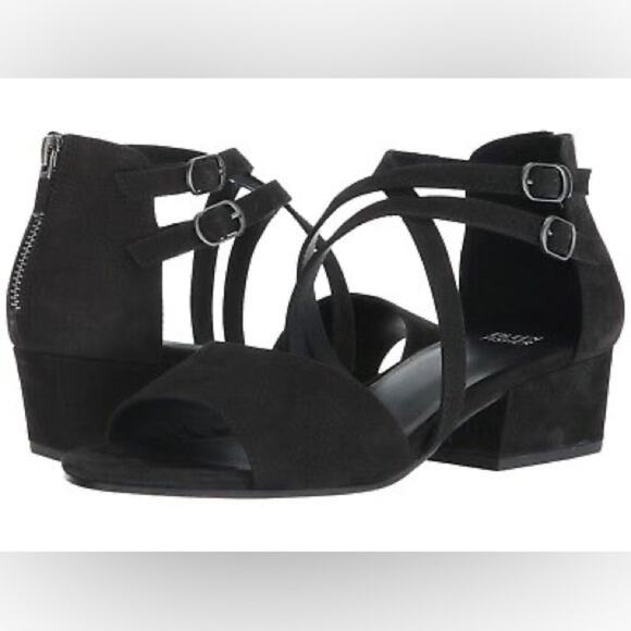 Eileen Fisher Kyra Black Nubuck Leather Strappy Buckle Open Toe Sandals Size 7.5 - Picture 1 of 6